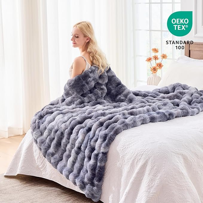 BENVWE Fluffy Faux Fur Throw Blanket for Couch - Soft, Plush, Thick, Cozy, Fuzzy Luxury Minky Bubble Blanket for Home Living Room Decor, Gifts for Women, Tie-dye Light Grey, 63" x 80", 1100GSM-Ruum Studio Home