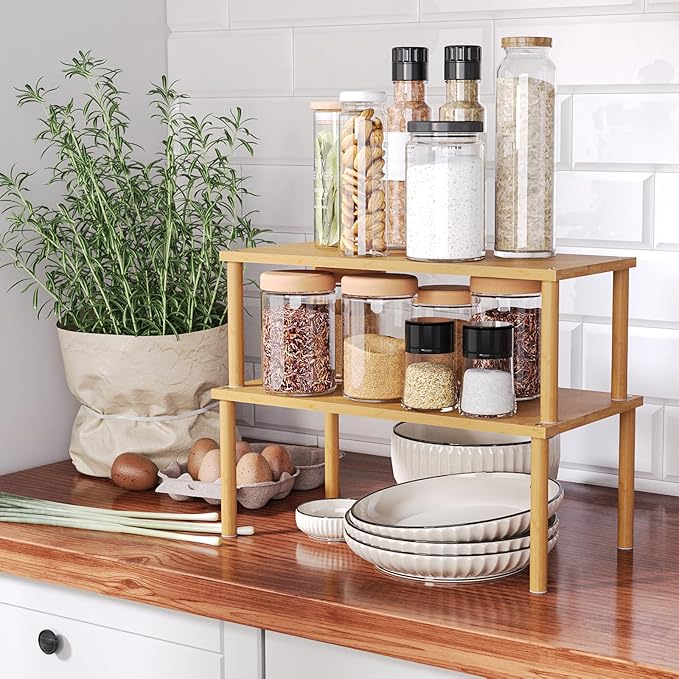 Cabinet Organizer Shelf(Set of 2),Kitchen Counter Shelves,Bamboo Stackable Expandable Spice Rack Countertop(Large)-Ruum Studio Home