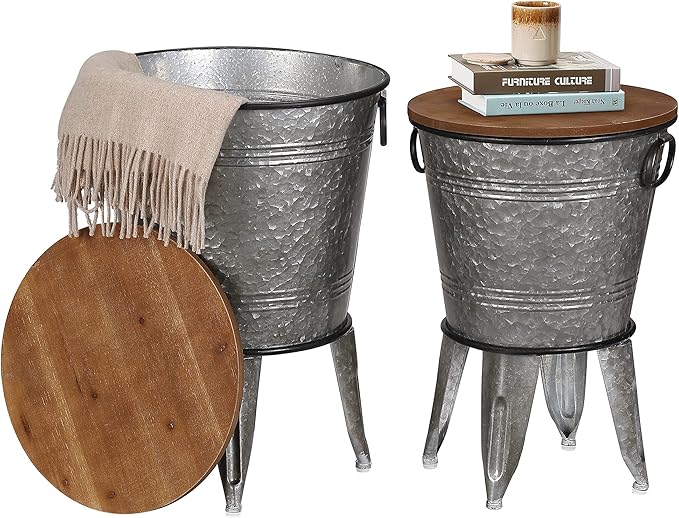 Rustee Rustic Storage Farmhouse Accent Side Table,Antique Galvanized Metal End Coffee Cocktail Table Box Bin with Round Wooden Lid Set of 2 (Galvanized),HC2009WT,One size-Ruum Studio Home