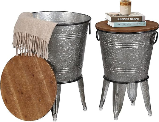 Rustee Rustic Storage Farmhouse Accent Side Table,Antique Galvanized Metal End Coffee Cocktail Table Box Bin with Round Wooden Lid Set of 2 (Galvanized),HC2009WT,One size-Ruum Studio Home