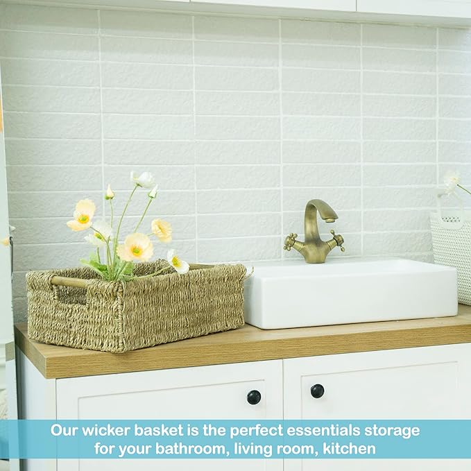 Large Natural Wicker Basket Rectangular with Wooden Handles, Seagrass Storage for Organizing, Shelves 15.5 x 10.6 x 5.5 inches-Ruum Studio Home