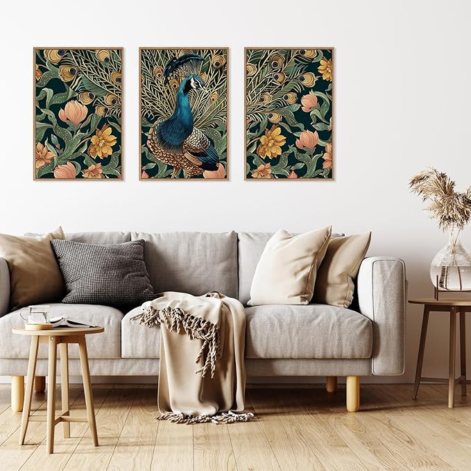 HLNIUC Peacock Framed Canvas Wall Art,Large Peacock Flower Wall Decor Set of 3(16”x24”)Modern Elegance Peacocks Floral Framed Painting,Vintage Beautiful Animal Feather Art Print for Living Room,Office-Ruum Studio Home