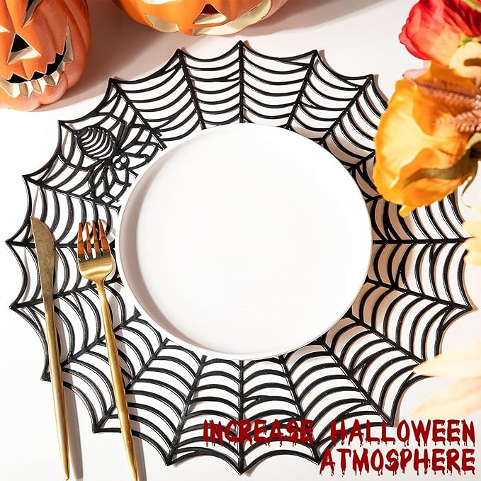 8 Pcs Spider Web Placemats - 15" Heat Insulation Table Mats - Hollow Out Spiderweb Coasters for Dining Table Halloween Decoration (Black)-Ruum Studio Home