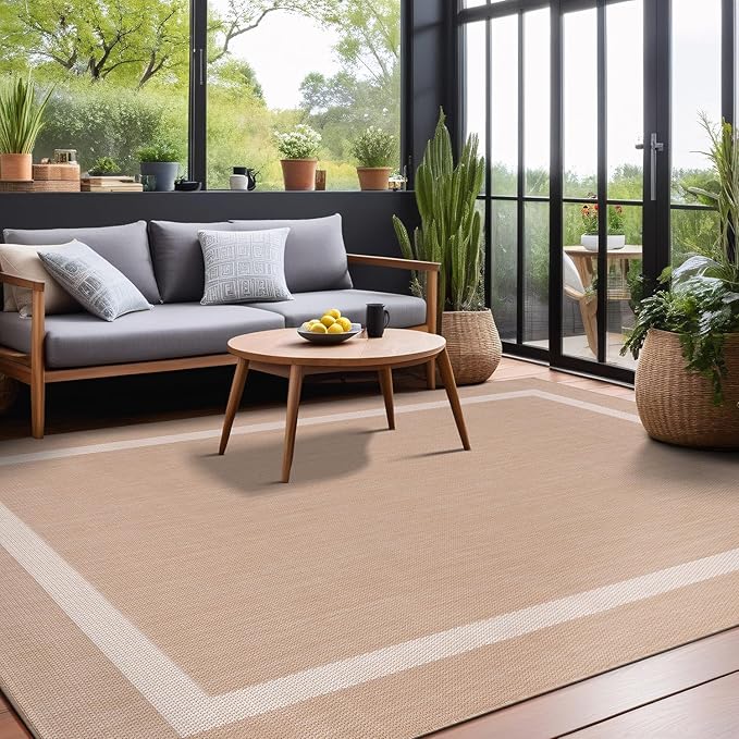 Bordered Outdoor Rug 9x12 Washable Outside Carpet for Indoor Patio Porch Waterproof Easy Cleaning Non Shedding Area Rugs Beige 9 x 12-Ruum Studio Home