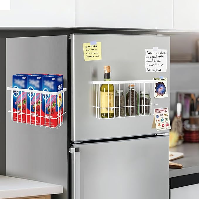 Magnetic Basket for Fridge, Magnetic Fridge Basket, Foil and Plastic Wrap Organizer with 4 hooks, Laundry Room Organization for Dryer Ball, Cling Film, Mail, Umbrella, White, 2 Pack-Ruum Studio Home