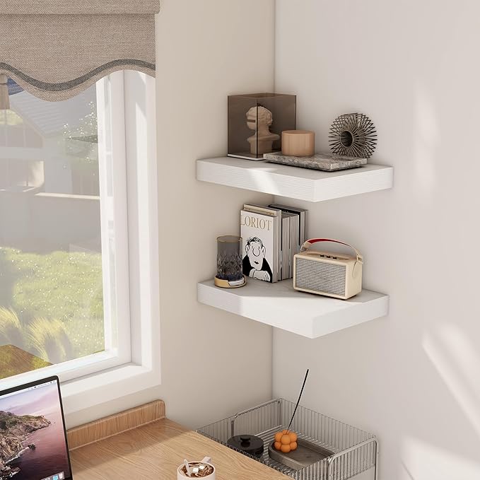 12 Inch Deep White Floating Shelves, 16 x 12 Floating Shelf for Books, Rustic Wood Deep Wall Shelves for Home Storage & Display, 2" Thicked Shelves for Kitchen, Living Room, Bedroom, 2 Pack-Ruum Studio Home