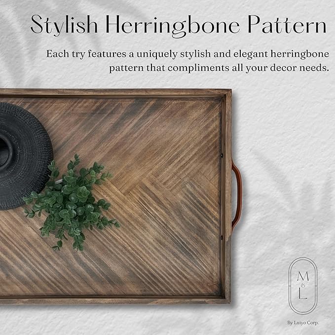 Medium Ottoman Wood Serving Tray- with Leather Handle Decorative Wooden 24 * 16 * 1.5 Inches Square Serving Tray Best for Coffee Table, Living Room and Kitchen-Ruum Studio Home