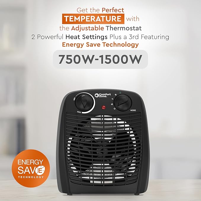Comfort Zone Indoor Space Heater with Adjustable Thermostat, Fan Forced, Electric, Overheat Protection, Safety Tip-Over Switch, Energy Efficient, Ideal for Home, Bedroom, & Office, 1,500W, CZ45EBK-Ruum Studio Home