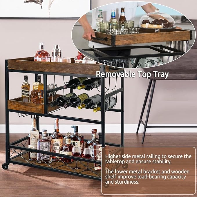 Vintage Bar Cart with Removable Tray and Wheels, Mobile Home Bar Serving Cart with Wine Rack, Glass Holder and Storage Shelves, 3-Tier Rolling Beverage Cart for Home or Patio-Ruum Studio Home