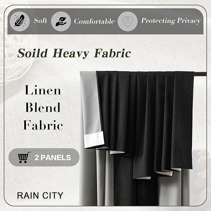RAIN CITY Black Blackout Curtains 100 Inches Long, Custom Made Textured Linen Black Out Pleated Look Curtains with Hooks Window Drapes for Bedroom Living Room-50x100-inch 2 Panels Set-Ruum Studio Home