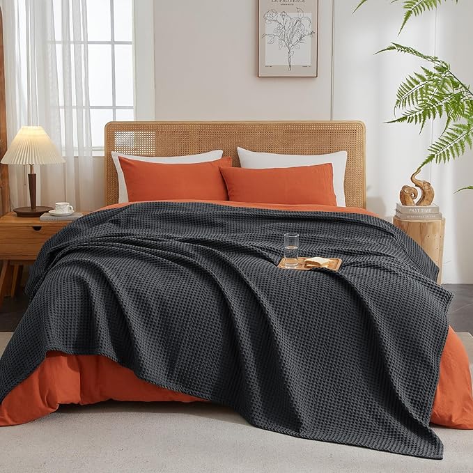 PHF Ultra Soft Waffle Weave Blanket Twin Size 66"x 90"- Washed Lightweight Breathablee Cozy Woven Blanket - Great for Couch Bed Sofa Home Car - Black-Ruum Studio Home