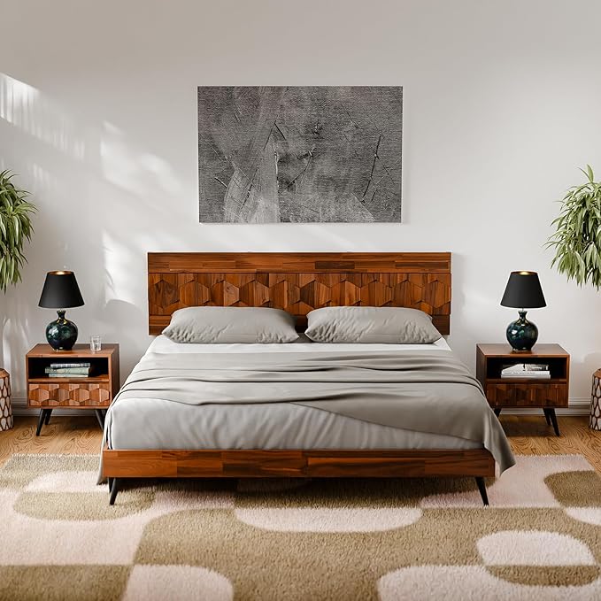 Bme Georgina Solid Wood Nightstand with 1 Drawer & Open Shelf- Fully Assembled Mid Century Modern Side Table - Geometric Pattern Bedside Dresser for Bedroom and Living Room, Dark Chocolate-Ruum Studio Home
