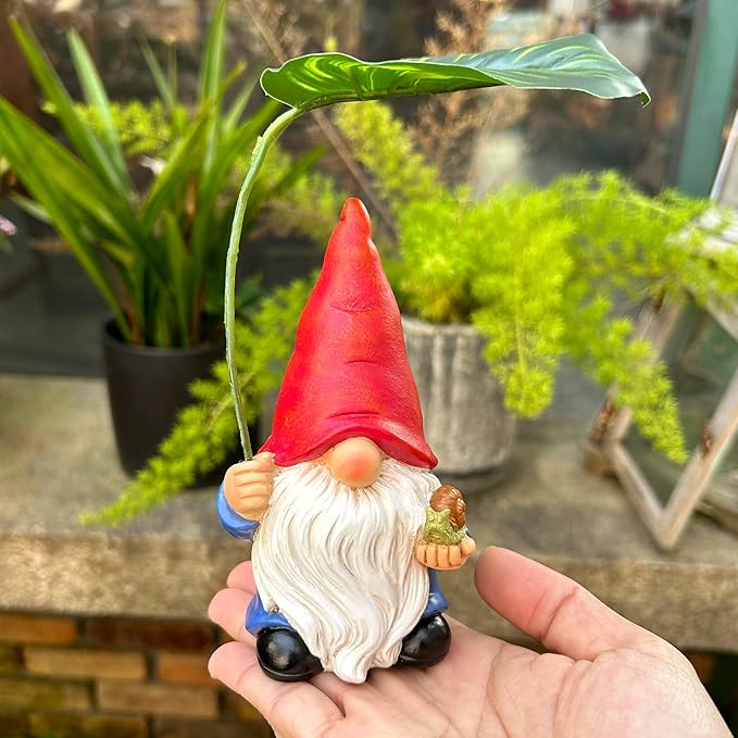 Garden Gnome Statue Decoration with Leaf Umbrella, 6.5” Figurine Ornament for Indoor Outdoor Home Patio Yard Lawn, for Gnome Lovers & Garden Enthusiasts，Mom，Women-Ruum Studio Home