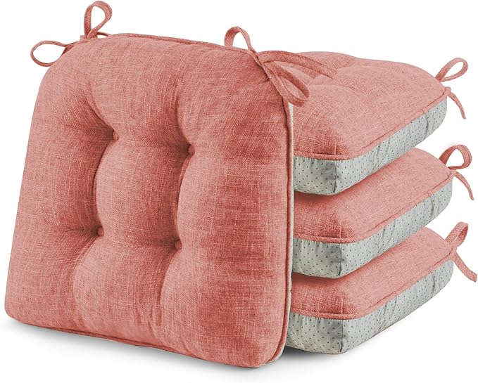 puredown® Chair Cushions for Dining Chairs, Tufted Memory Foam Chair Pads with Non-Slip Backing, Kitchen Seat Cushions with Ties, Washable Seat Pads Set of 4, 15.5" x 15.5" x 4", Pinky-Ruum Studio Home