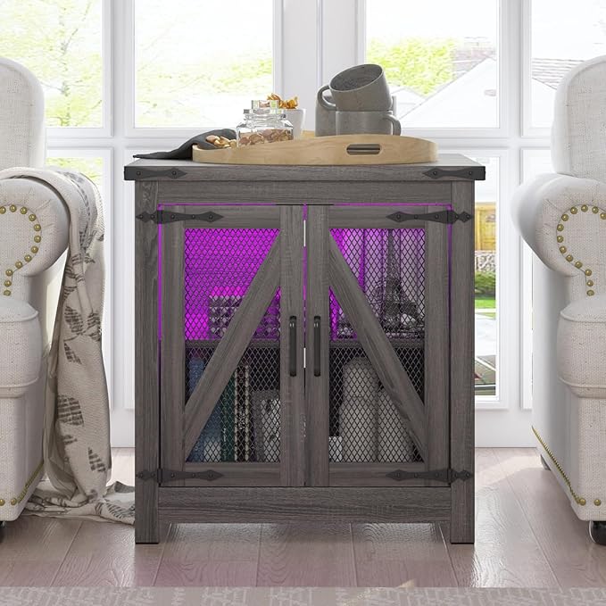 Farmhouse End Table, 24" Large Sofa Side Table with Charging Station, Mesh Barn Door, and Adjustable Storage Shelf, Rustic Wood Square Nightstand for Living Room, Bedroom, Office, Grey-Ruum Studio Home