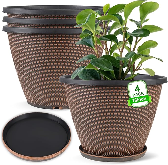 16 inch Plant Pots, Large Planters for Outdoor Plants Set of 4, Round Plastic Flower Pots with Drainage Holes & Trays, Modern Decorative Indoor Garden Pot, Plant Container for House (Black Copper)-Ruum Studio Home