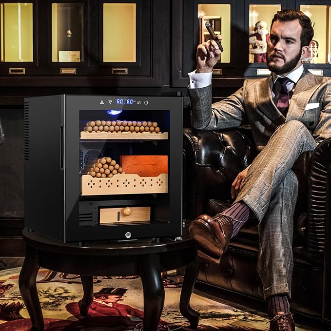 Electric Humidor for Cigars, 50L 300 Counts Large Capacity, Thermostatic Electric Cigar Cooler Cabinet with Spanish Cedar Wood Shelves, Digital LED Screen, Smart Humidity & Temp Control, Gifts for Men-Ruum Studio Home