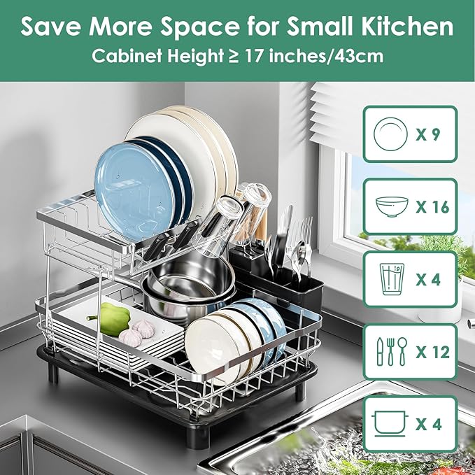 MOUKABAL Dish Drying Rack - 2 Tier Stainless Steel Dish Rack, Dish Racks for Kitchen Counter, Drying Rack Kitchen with Removable Utensil Holder and Drainboard (Black)-Ruum Studio Home