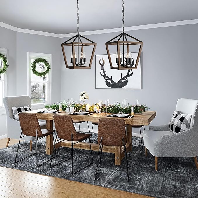 4-Light Lantern Pendant Light,Black Wood Cage Farmhouse Chandelier for Kitchen Island,12'' Rustic Metal Geometric Hanging Lighting Fixture for Kitchen Island Dining Room Bedroom Foyer Entry-Ruum Studio Home