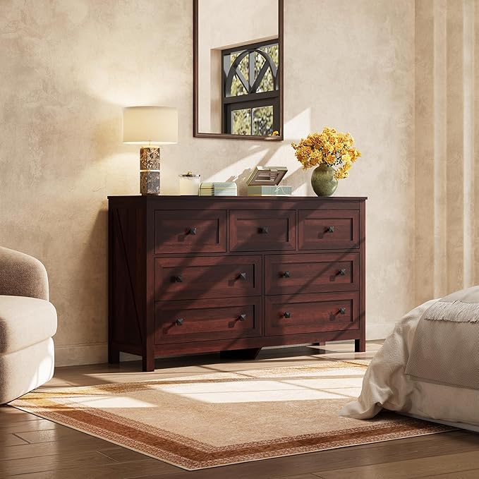 WLIVE Farmhouse Dresser for Bedroom, 51.18'' Wide 7 Drawer Wood Dresser, TV Stand for 65 inch TV, Wooden Chest of Drawers for Bedroom, Modern Clothes Organizer for Living Room, Hallway, Rustic Brown-Ruum Studio Home