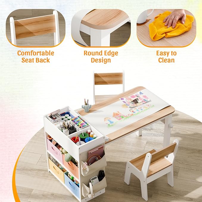 Kids Art Table and Chair - Toddler Craft Table and Chairs Set with 2 Chair & Bins, Large Storage Kids Activity Desk with Paper Roll for Playrooms & Classroom, 40" L x 20" W, Natural-Ruum Studio Home