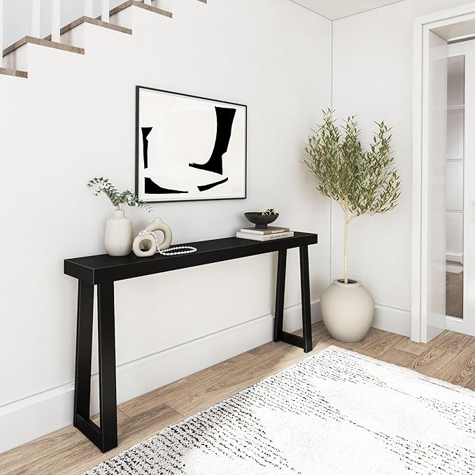 Plank+Beam Solid Wood Console Table, 66 Inch, Sofa Table, Narrow Entryway Table for Hallway, Behind The Couch, Living Room, Foyer, Easy Assembly, Black-Ruum Studio Home