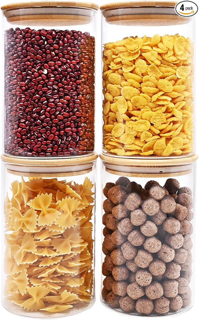 32oz Glass Food Storage Jars, Glass Jars with Bamboo Lids, Kitchen Storage Jars, Canisters with Airtight Lids for Spice, Coffee, Cookie, Set of 4, Pantry Organizers-Ruum Studio Home