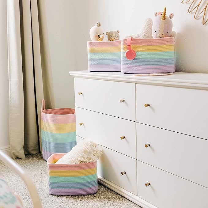 OrganiHaus Rainbow Woven Storage Baskets for Organizing, Cotton Rope Organizer Bins for Shelves, Closet & Nursery, Dog Toy Basket, Decorative Bins for Toys, Towels & Books - 15x10x9-Ruum Studio Home