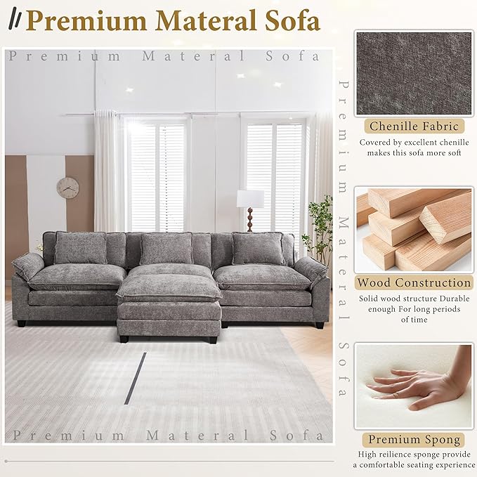 URRED Modular Sectional Sofa Comfy Cloud Couch, Modern Chenille Sofa Sleeper Deep Seat Couches with Ottoman/Pillows for Living Room (Gray, 117''- L Shape)-Ruum Studio Home