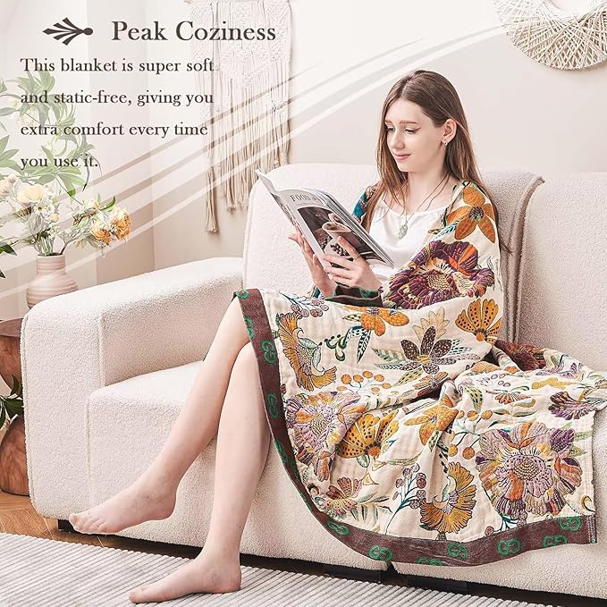 Boho Throw Blanket, 100% Cotton Ultra Soft Luxury Throw Rustic Quilt, 80"x90" Floral Printed Farmhouse Decor Bed Summer Blankets, All Season Rustic Reversible Bohemian Throw for Bed - White-Ruum Studio Home