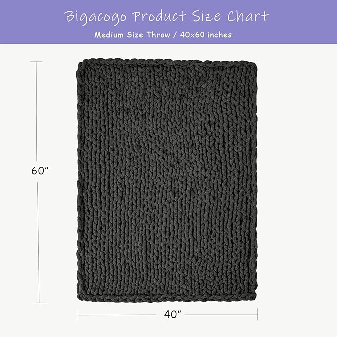 Bigacogo Chunky Knit Throw Blanket for Couch, 40x60 inches, 100% Hand Knitted with Thick Jumbo Chenille Yarn, Cozy Soft Large Rope Knot Cable Crochet Blankets for Sofa Bed Living Room, Dark Grey-Ruum Studio Home