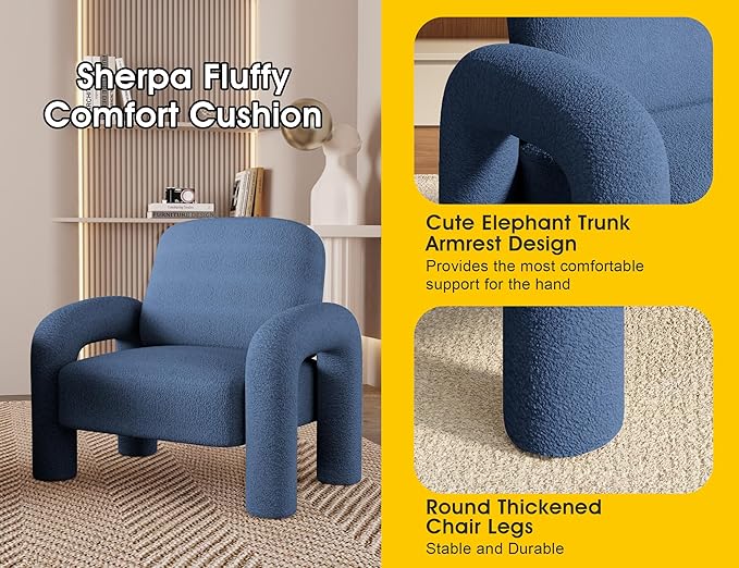 Modern Sherpa Accent Chair, Teddy Upholstered Arm Single Sofa, Cozy Fluffy Reading Chair for Living Room, Bedrooms, Corner (Navy Blue)-Ruum Studio Home