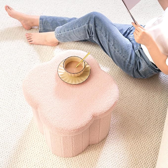 B FSOBEIIALEO Storage Ottoman Cube, Flowers Shaped Ottomans with Storage Foot Stool Footrest, Boucle Ottoman Seat for Dorm Room, Faux Teddy Fur, Pink 15"x15"x15"-Ruum Studio Home