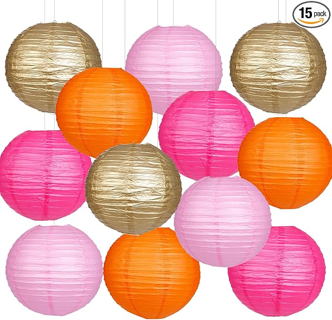 Paper Lanterns Pink Orange Gold Round Hanging Chinese Lanterns for Birthday Party Baby Shower Bridal Shower Decorations Pack of 12-Ruum Studio Home
