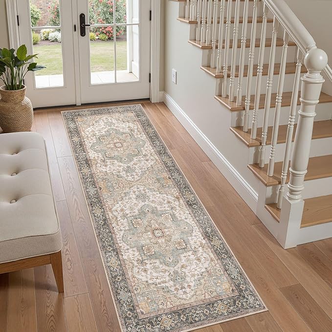 Washable 2x6 Runner Rug - Area Rugs Neutral Vintage Distressed Floral Farmhouse Boho Large Soft Floor Rug Indoor Carpet for Hallway Entryway Bedroom Kitchen - Forest Green Orange-Ruum Studio Home