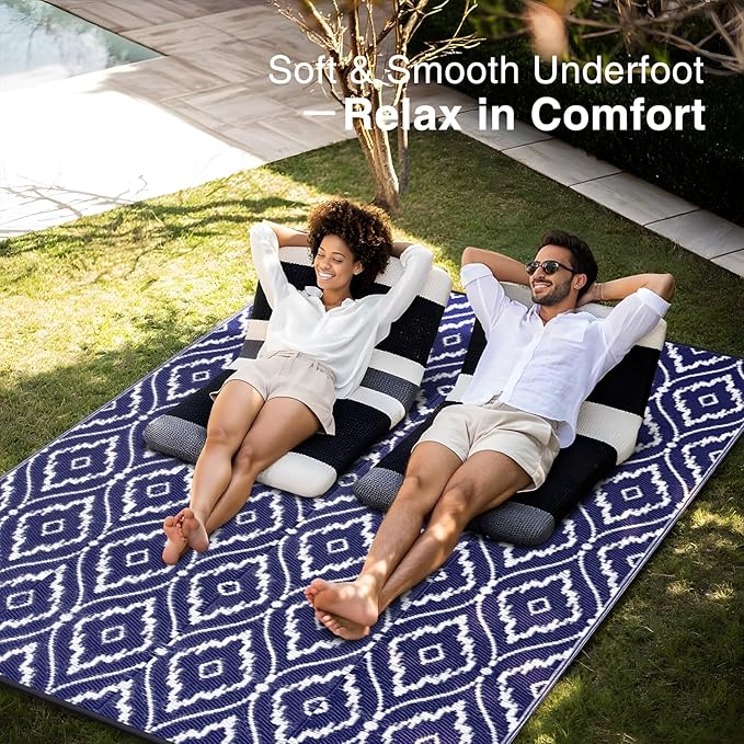 OLANLY Outdoor Rug 6x9 ft Waterproof, Outdoor Plastic Straw Rug with Geometric Pattern Clearance, Reversible RV Mat for Patio, Camping, Balcony, Deck, Backyard, Navy & White-Ruum Studio Home