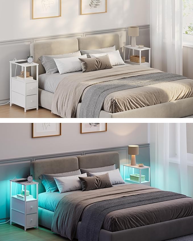 TUTOTAK Small Narrow LED End Table with Charging Station, Side Table Outlets, Nightstand with 2 Cloth Drawers, Couch Table, for Living Room, Bedroom, Bedside, White TB01BW085L-Ruum Studio Home