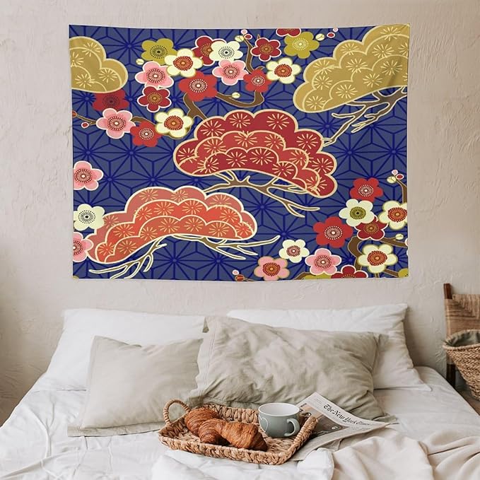 HZOHNAGO Japanese Tapestry Art Abstract Colorful Cherry Blossom Blue Background Pattern Printed Wall Tapestry Painting Wall Hanging for Bedroom Living Room Dorm 40" W x 30" H-Ruum Studio Home