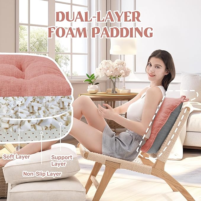puredown® Chair Cushions for Dining Chairs, Tufted Memory Foam Chair Pads with Non-Slip Backing, Kitchen Seat Cushions with Ties, Washable Seat Pads Set of 4, 15.5" x 15.5" x 4", Pinky-Ruum Studio Home