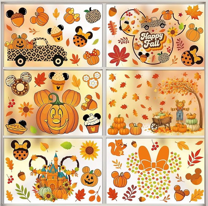 Fall Window Clings - 9 Sheets 149 Pcs Fall Decorations for Autumn Thanksgiving Harvest Home Party, Pumpkin Leaves Car Maple Castle Acorns Stickers for Glass, Double-Sided Static Window Decals-Ruum Studio Home