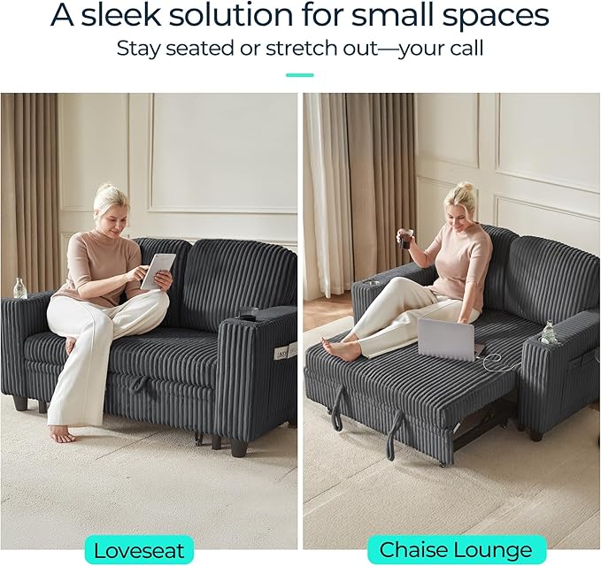 LINSY HOME Loveseat Sofa with Pull Out Couch: 2-in-1 Convertible 2 Seater Sofa Chaise with USB Charging & Cup Holders, Comfy Plush Corduroy Love Seat for Small Spaces Living Room Apartment, Grey-Ruum Studio Home