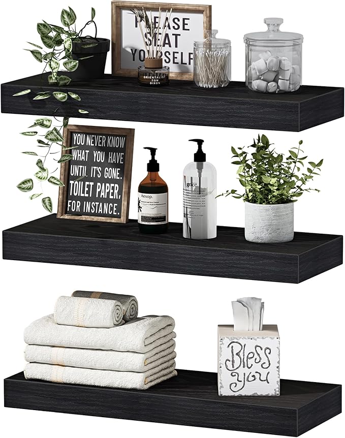 QEEIG Floating Shelves for Wall Bathroom Shelf Bedroom Kitchen Living Room Hanging Book Shelves Small Farmhouse Decor 16 inch Set of 3, Black (015-B3)-Ruum Studio Home