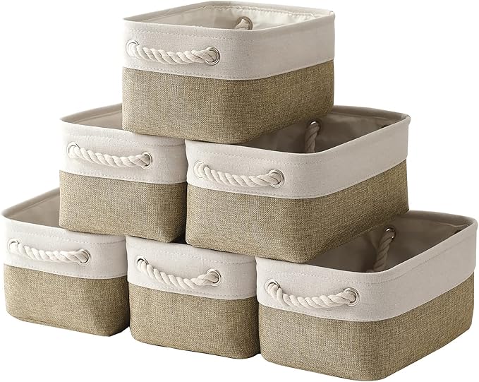 TcaFmac Storage Bins for Shelves - Small 6 Pack Collapsible Storage Basket for Organizing, Fabric Storage Cubes with Handle for Closet Cloth Toy Gift Kids (White & Khaki 11.8x7.8x5.2 inch)-Ruum Studio Home