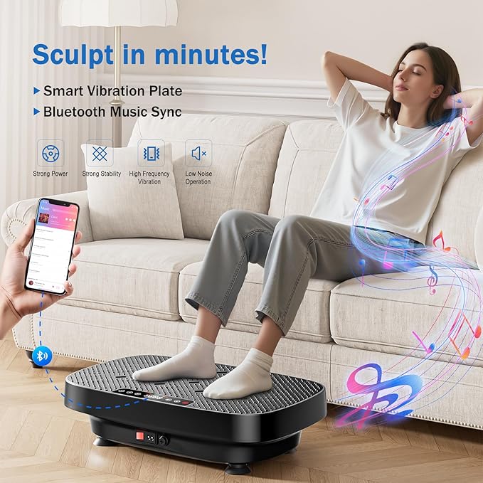 Vibration Plate Exercise Machine, Ultra-Quiet Vibration Plate for Lymphatic Drainage & Body Toning, Whole Body Vibration Platform with Bluetooth, Resistance Bands, Home Gyms Equipment-Ruum Studio Home