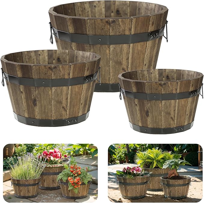 IDZO Set of 3 Wooden Flower Planters for Outdoor Plants, Acacia Wood Barrel Planters, Ergonomic Handles, Drainage Holes, Various Sizes, Walnut-Ruum Studio Home