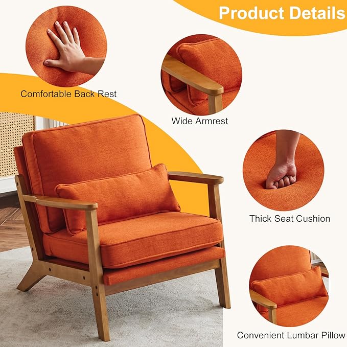 Karl home Accent Chair Wide Armrest Mid-Century Lounge Chair Linen Fabric Armchair with Lumbar Pillow & Solid Wood Frame for Living Room, Bedroom, Balcony, Burnt Orange-Ruum Studio Home
