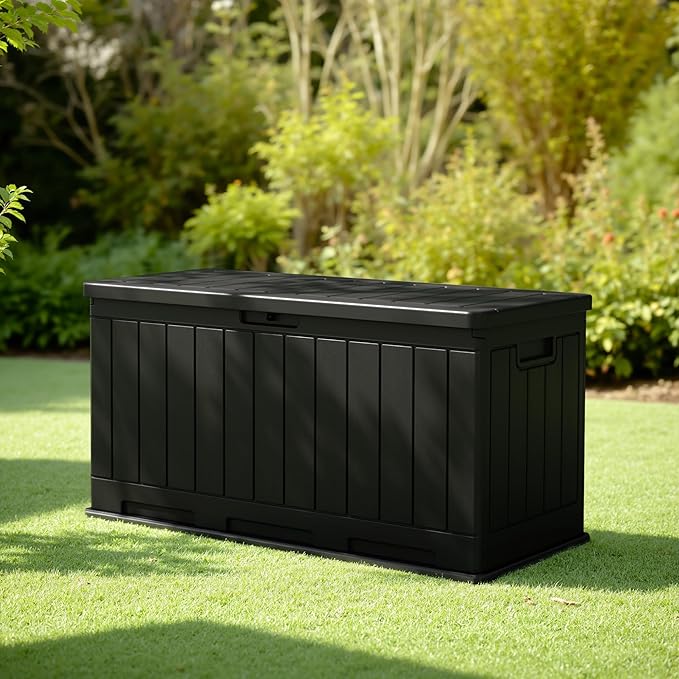 JUMMICO 90 Gallon Waterproof Resin Deck Box, Double Wall Outdoor Storage Box with Lockable Lid for Garden Tools, Patio Cushions, Pools (Black)-Ruum Studio Home