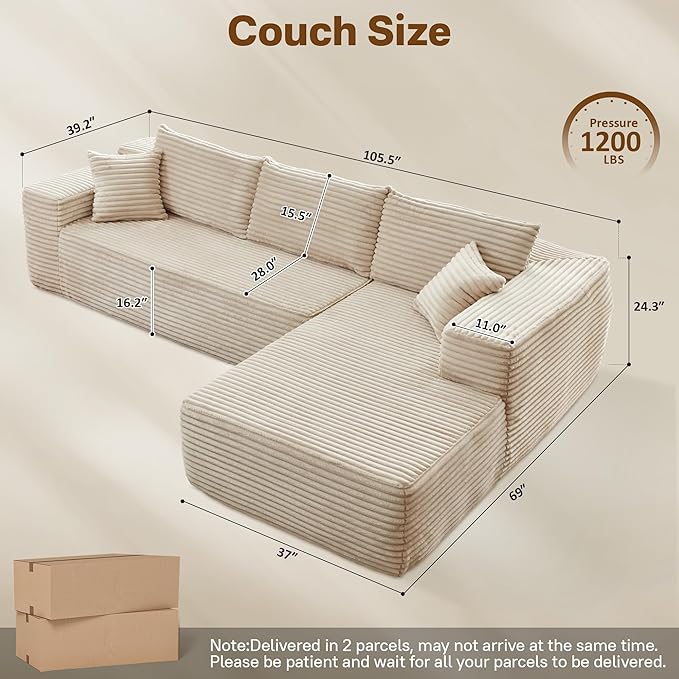 104" Cloudy Sectional L Shaped Couch for Living Room, No Assembly Required, Modular Comfy Sofa with Deep Seat, Fluffy Couch with Sleeper Chaise for Apartment Lounge (Beige)-Ruum Studio Home