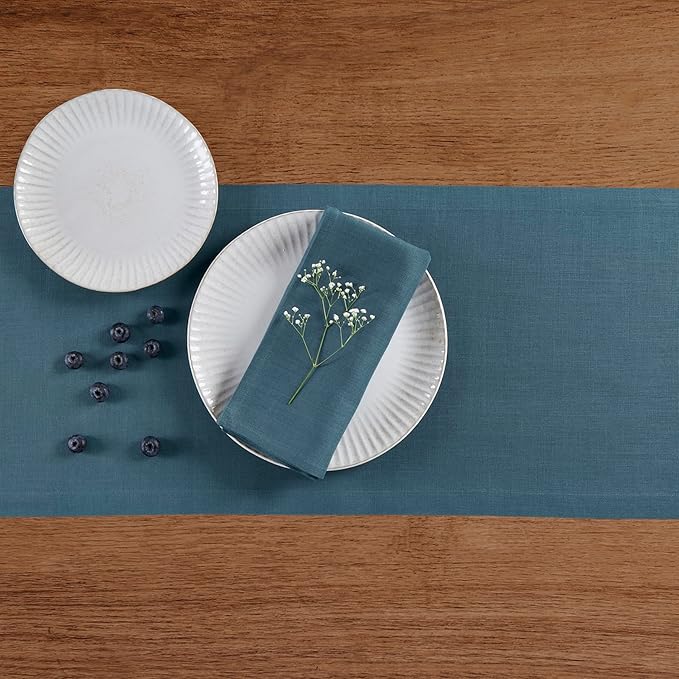 Solino Home Linen Table Runner 120 Inches Long - 100% Pure Linen Peacock Blue Table Runner 14 x 120 Inch - Fete-Ruum Studio Home
