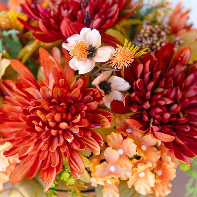 Artificial Fake Hanging Mums Flowers Plants Baskets for Outdoor Outside Decoration, Faux Silk Orange Flower Chrysanthemum UV Resistant Realistic for Porch Patio Balcony Yard Decor-Ruum Studio Home